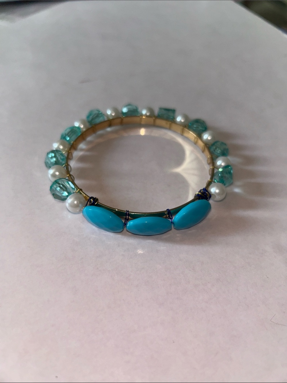 Handmade Turquoise Bead & Pearl Gold-Tone Beaded Bangle Bracelet